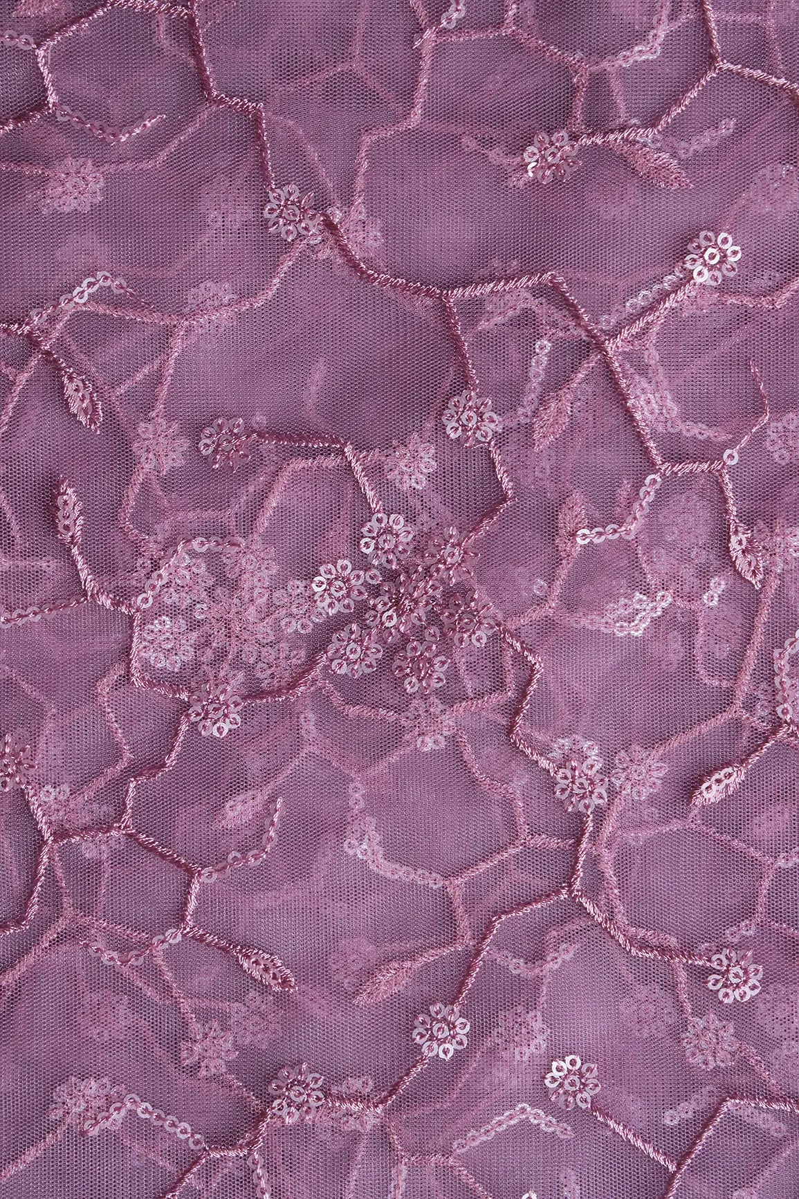 Beautiful Water Sequins Small Floral Embroidery On Mauve Soft Net Fabric