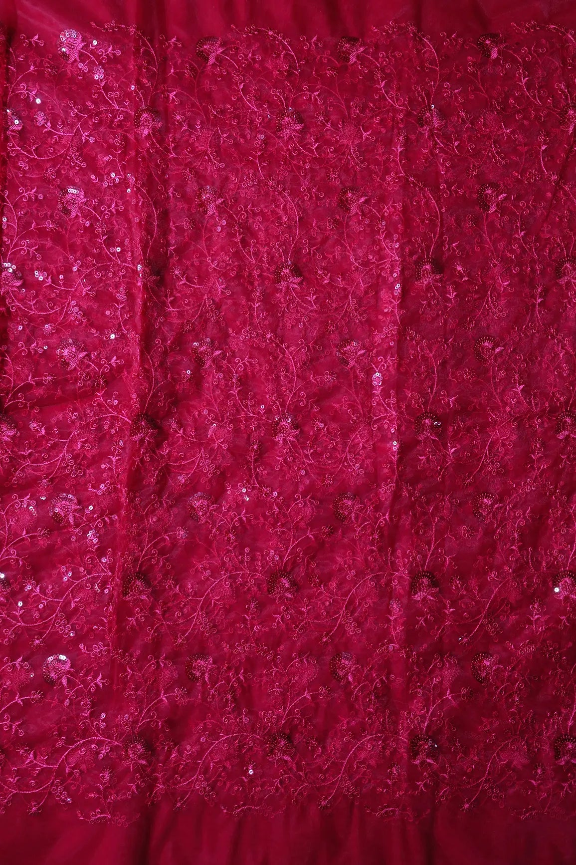 Red Thread With Red Sequins Floral Embroidery On Red Soft Net Fabric
