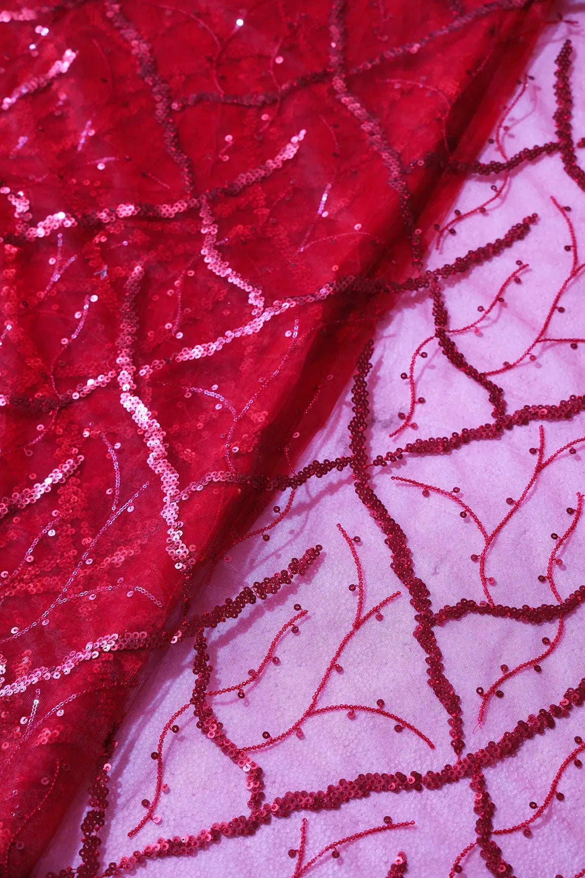 Red Sequins Geometric Embroidery On Red Soft Net Fabric