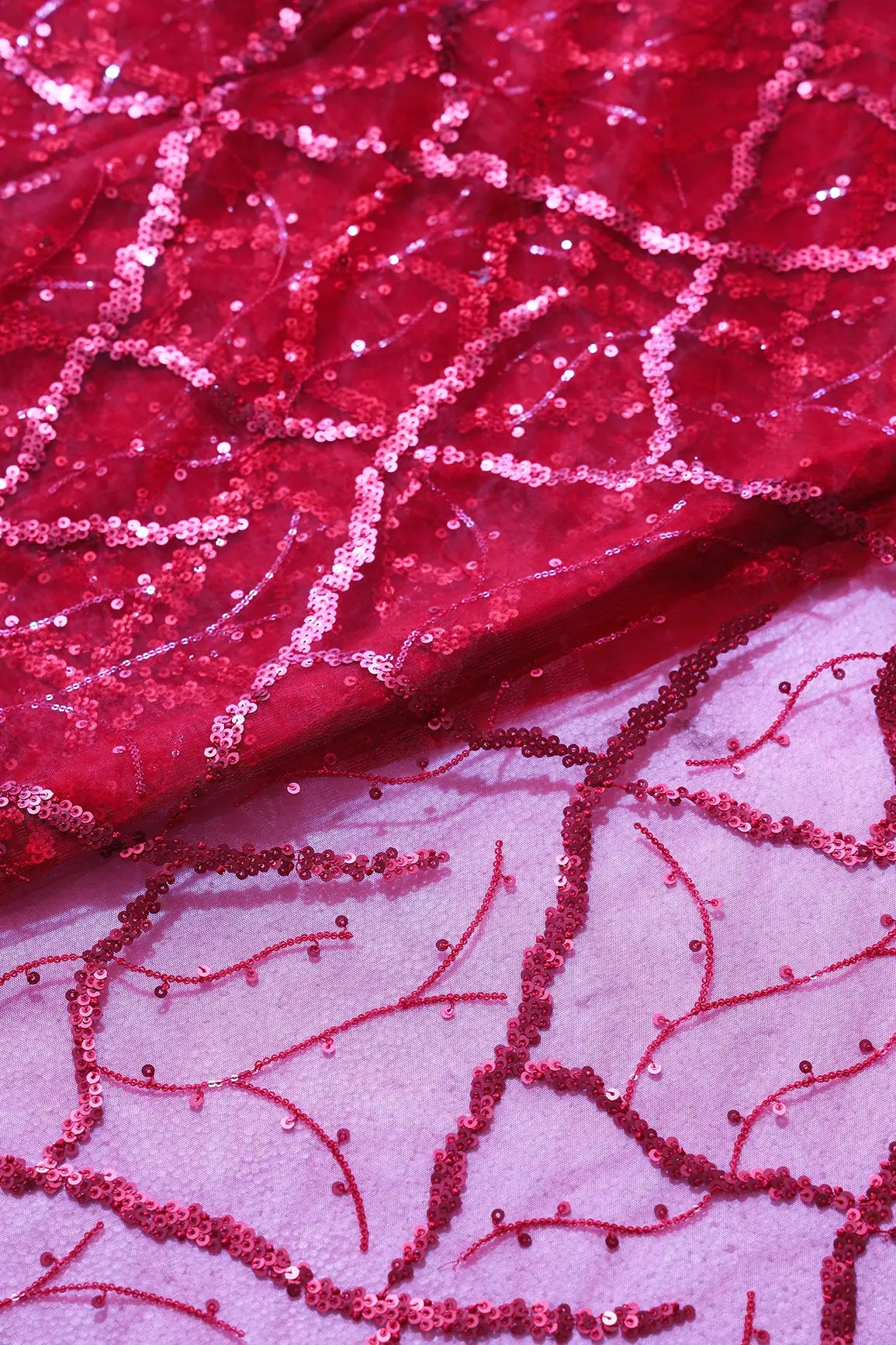Red Sequins Geometric Embroidery On Red Soft Net Fabric