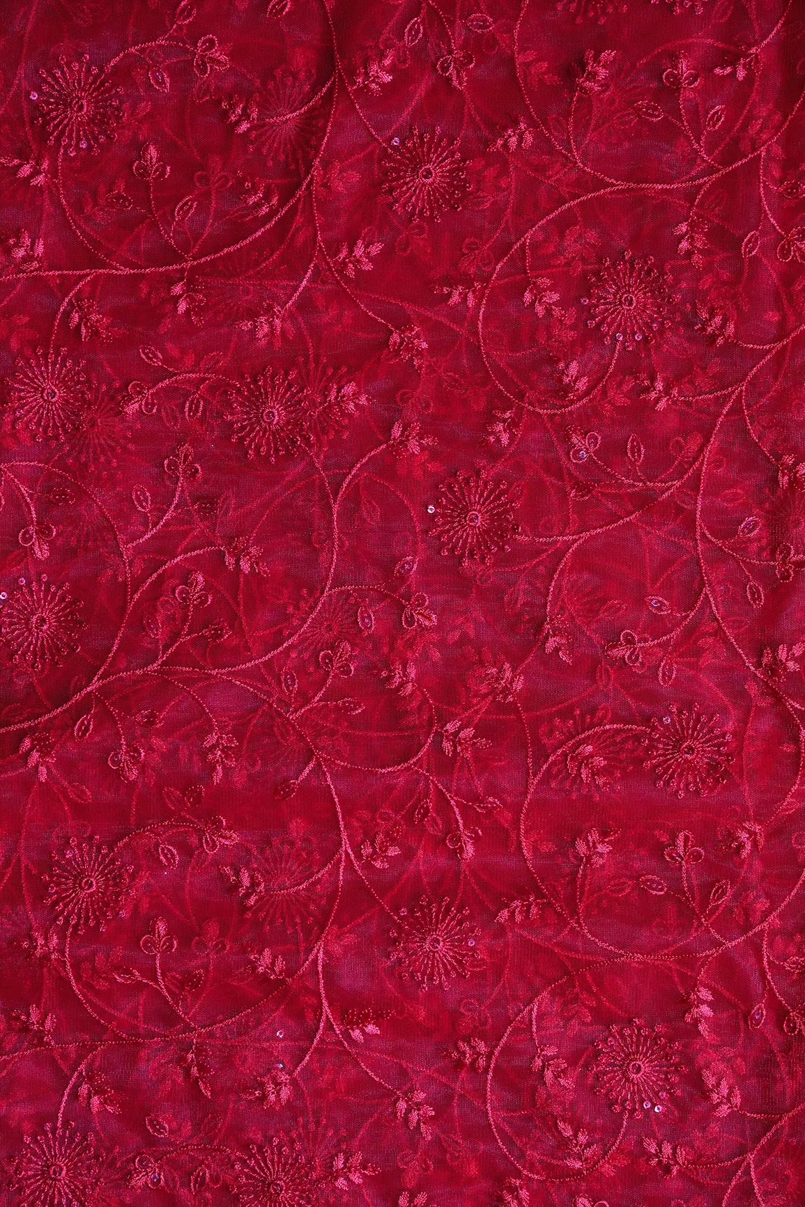 Red Sequins With Red Thread Floral Embroidery On Red Soft Net Fabric
