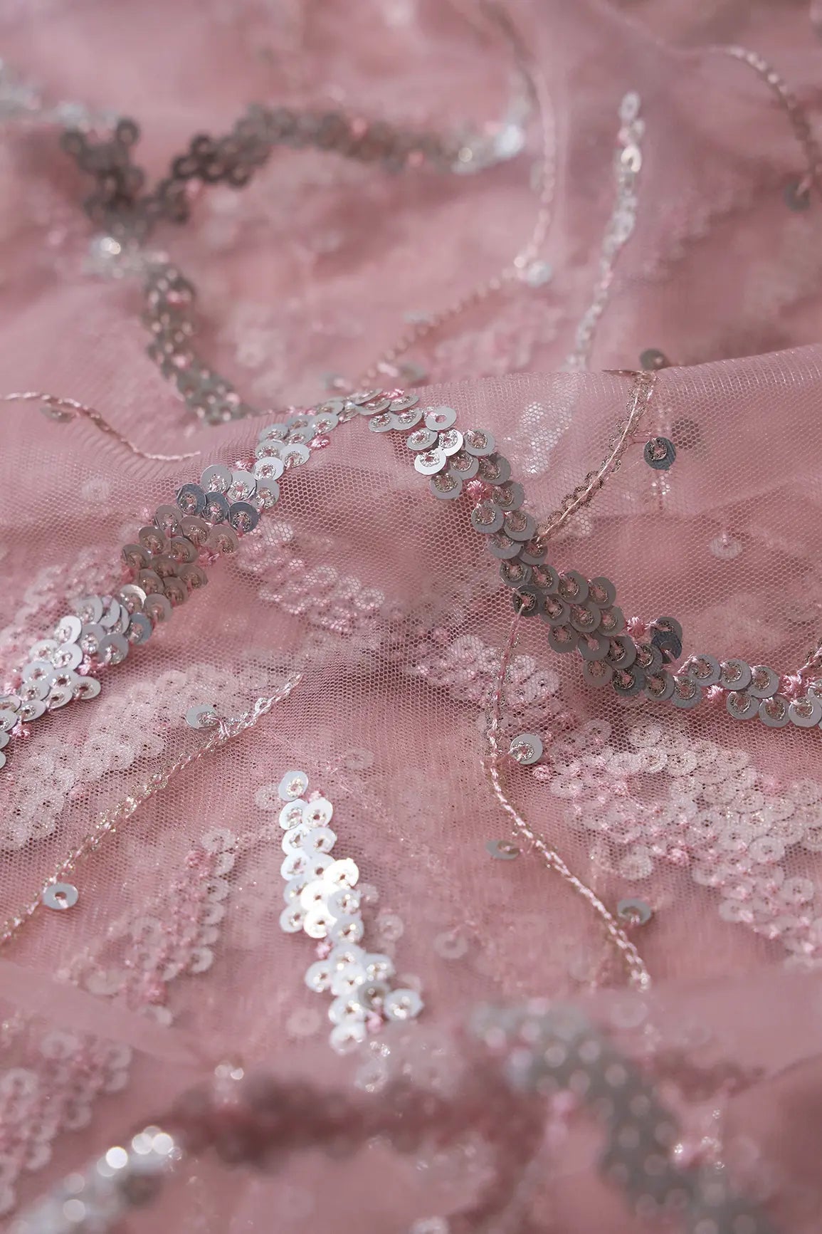 Silver Sequins Geometric Embroidery On Pink Soft Net Fabric