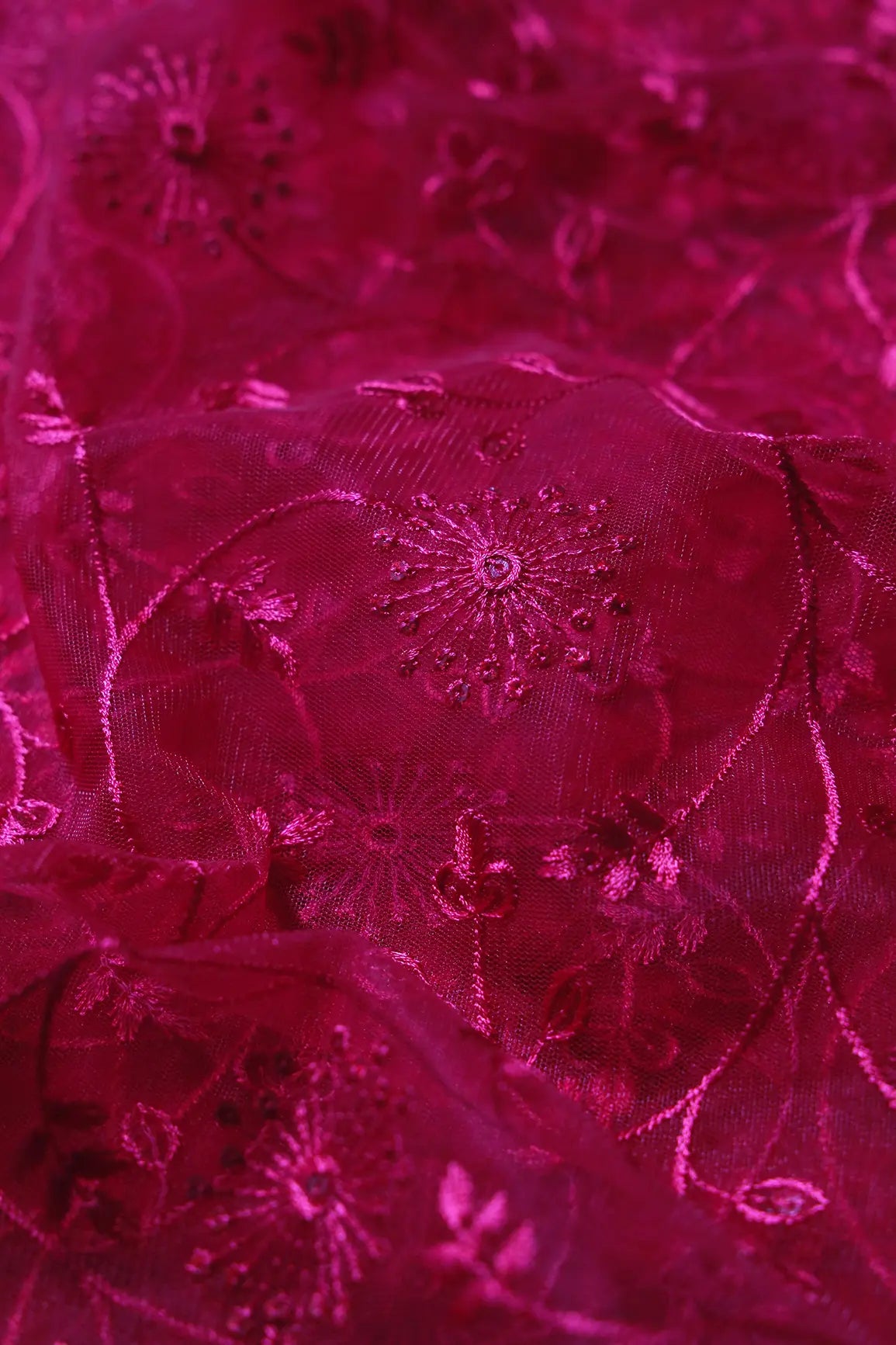 Red Sequins With Red Thread Floral Embroidery On Cherry Red Soft Net Fabric