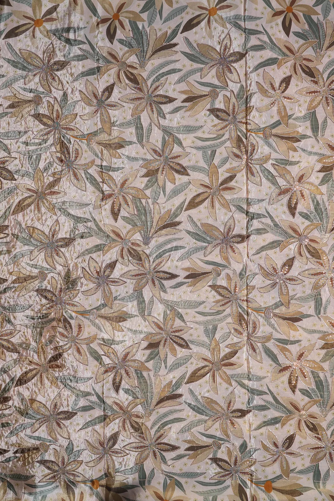 Floral Position Print On Sequins With Zari Embroidery Light Beige Viscose Zari Tissue Fabric