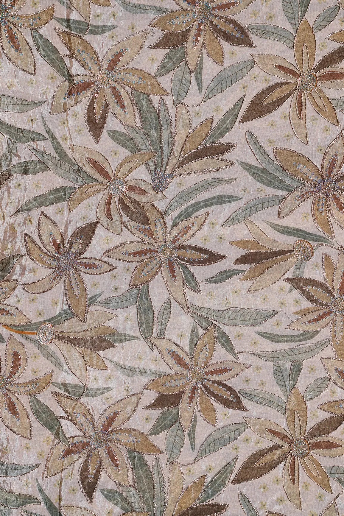 Floral Position Print On Sequins With Zari Embroidery Light Beige Viscose Zari Tissue Fabric