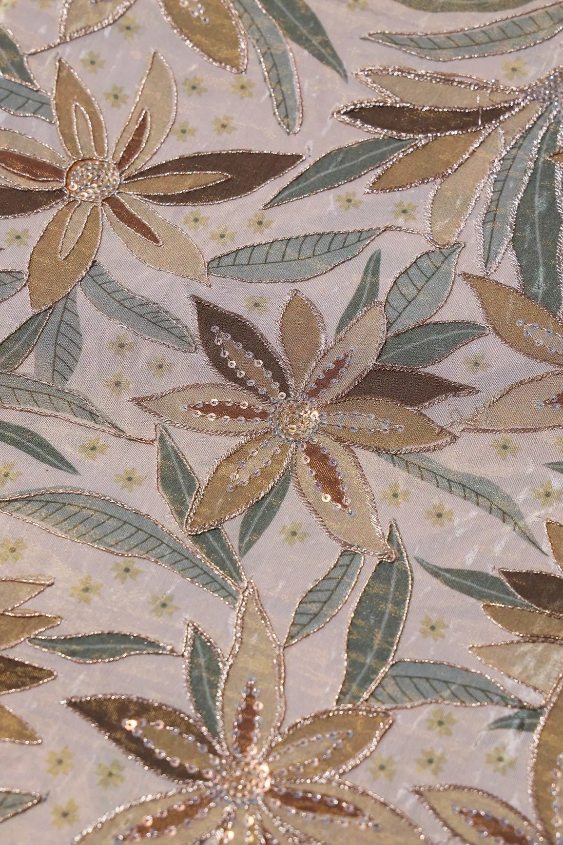 Floral Position Print On Sequins With Zari Embroidery Light Beige Viscose Zari Tissue Fabric