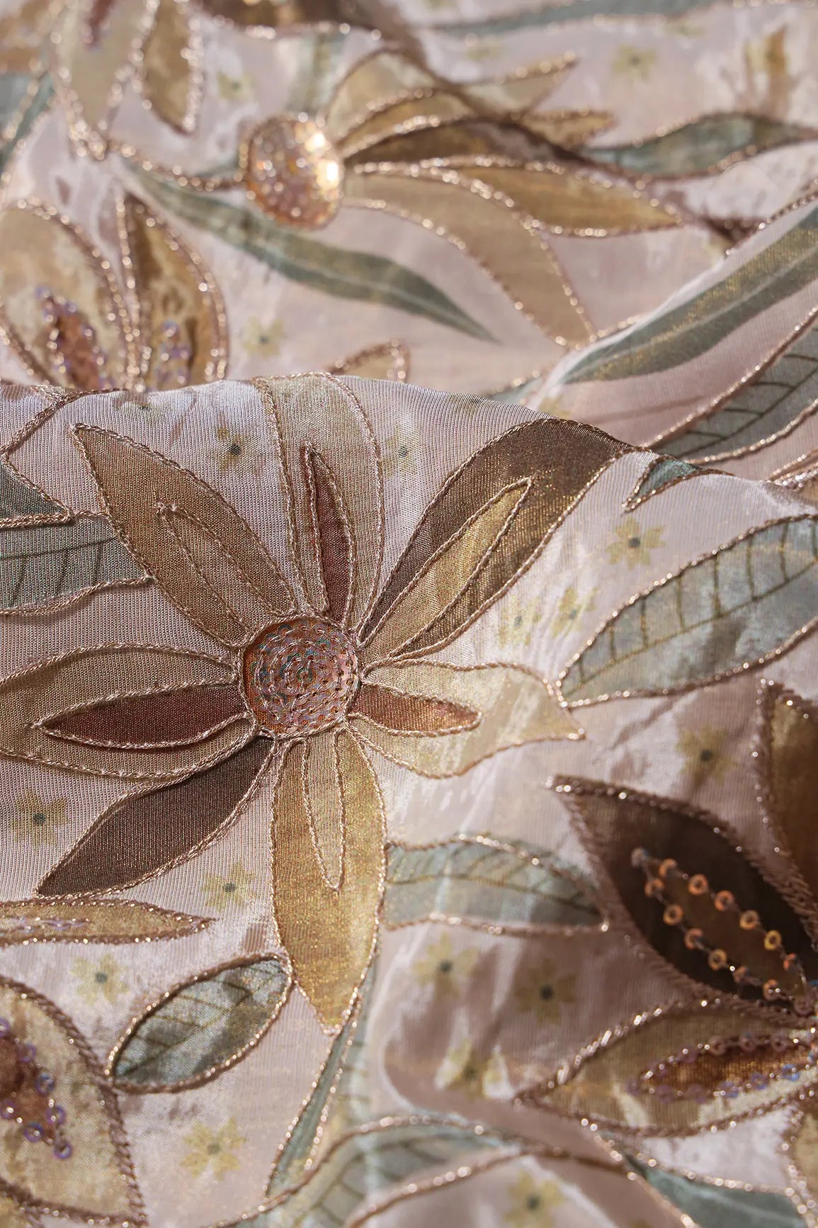 Floral Position Print On Sequins With Zari Embroidery Light Beige Viscose Zari Tissue Fabric