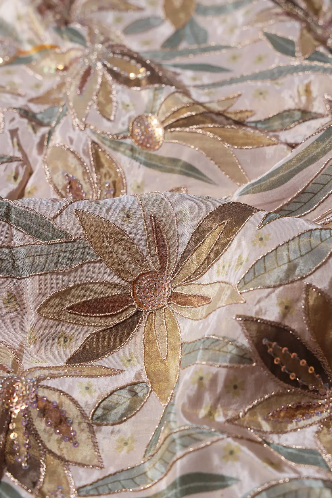 Floral Position Print On Sequins With Zari Embroidery Light Beige Viscose Zari Tissue Fabric