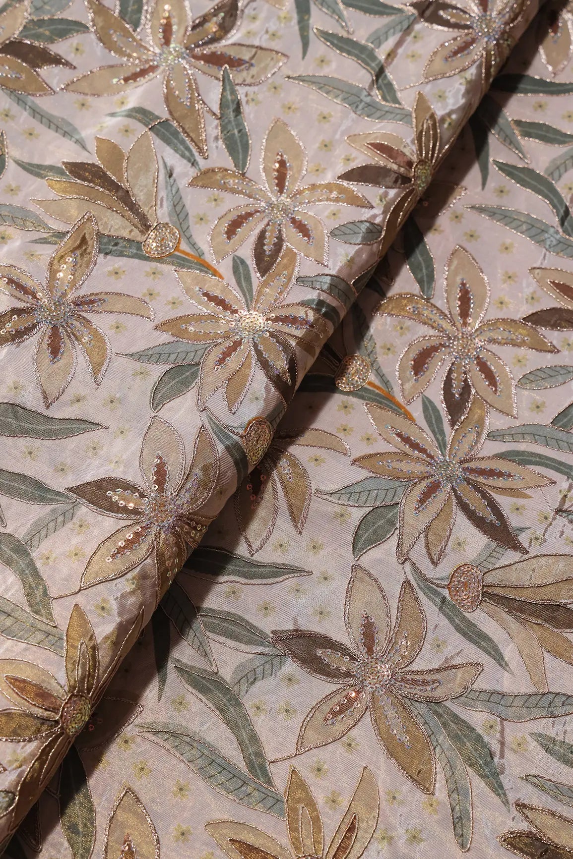 Floral Position Print On Sequins With Zari Embroidery Light Beige Viscose Zari Tissue Fabric