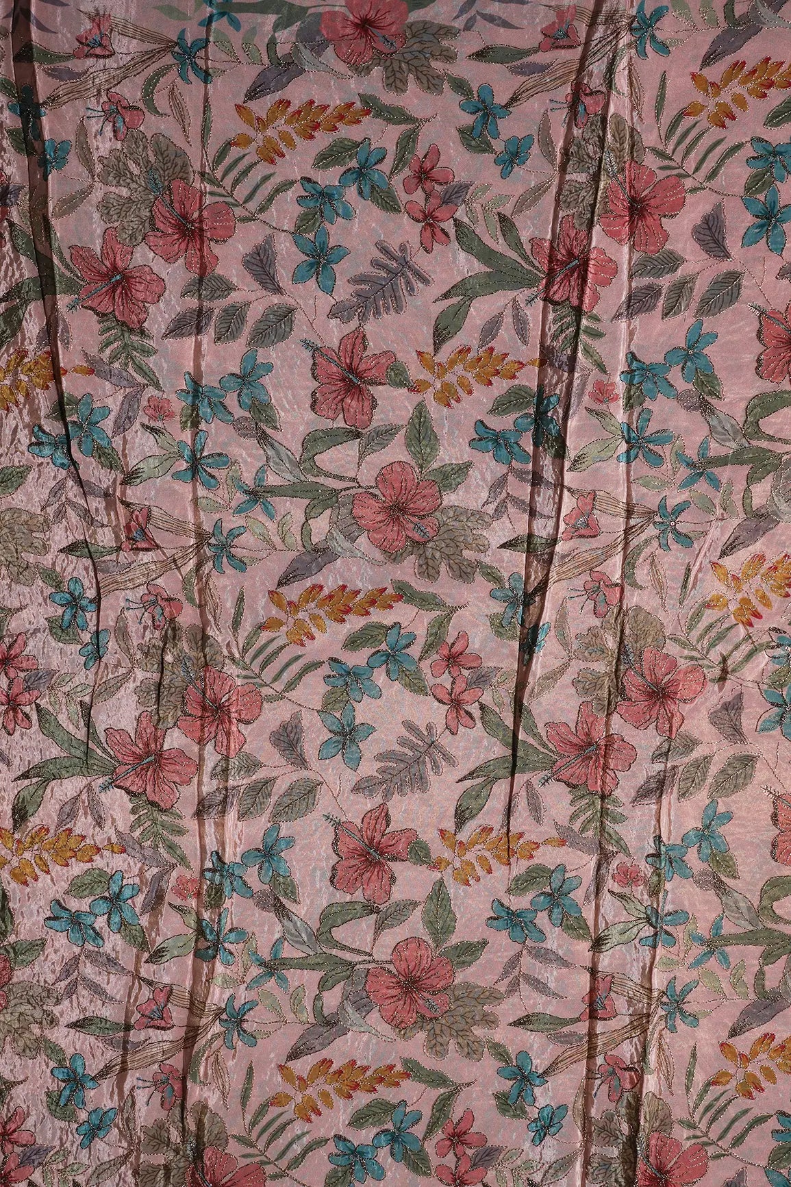 Floral Position Print On Zari Embroidery On Pink Viscose Zari Tissue Fabric
