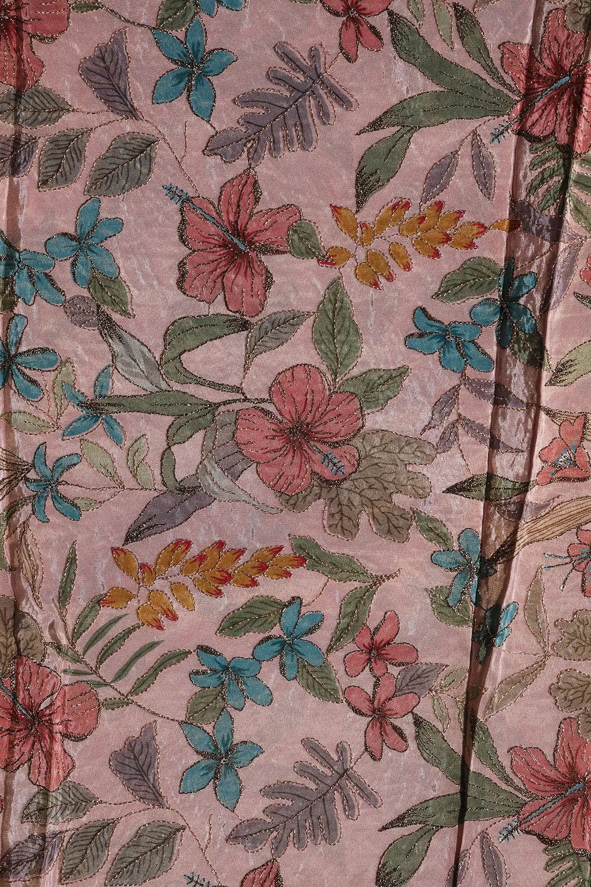 Floral Position Print On Zari Embroidery On Pink Viscose Zari Tissue Fabric