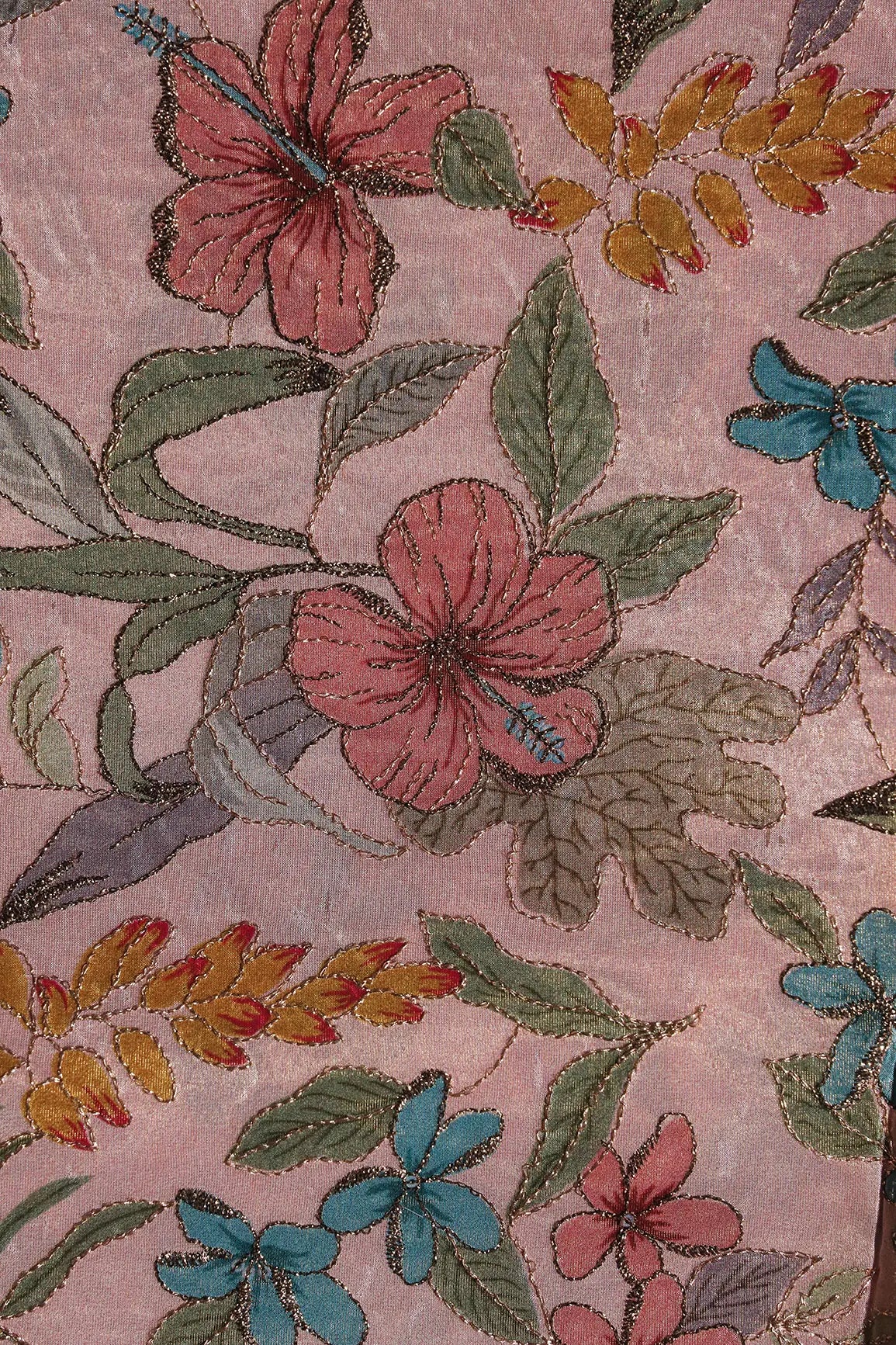 Floral Position Print On Zari Embroidery On Pink Viscose Zari Tissue Fabric