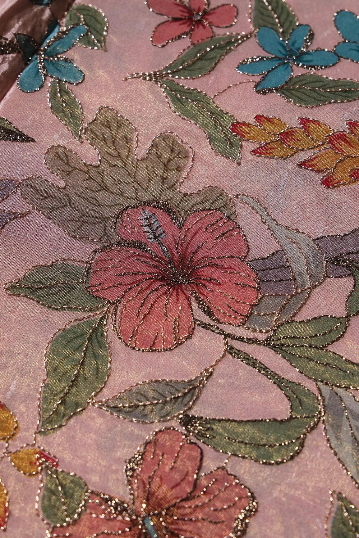 Floral Position Print On Zari Embroidery On Pink Viscose Zari Tissue Fabric