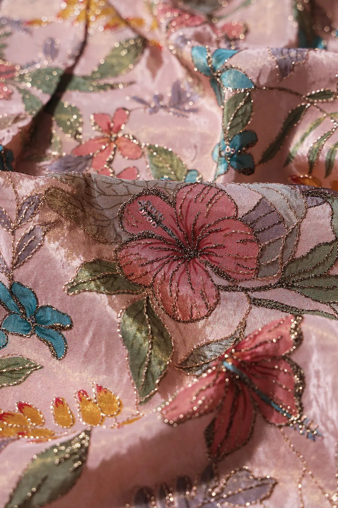 Floral Position Print On Zari Embroidery On Pink Viscose Zari Tissue Fabric