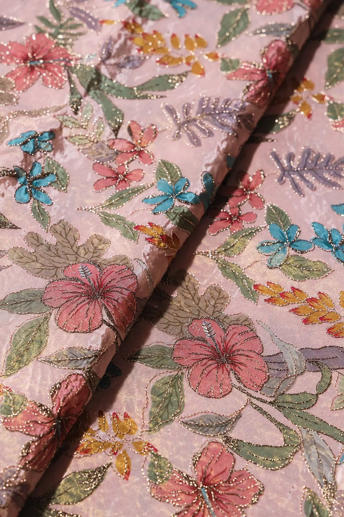 Floral Position Print On Zari Embroidery On Pink Viscose Zari Tissue Fabric