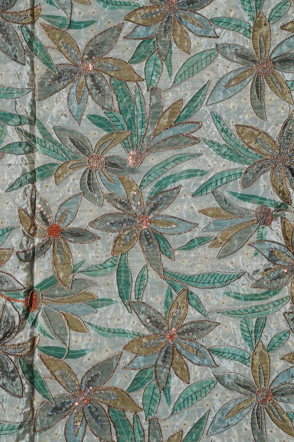 Floral Position Print On Sequins With Zari Embroidery Light Grey Viscose Zari Tissue Fabric