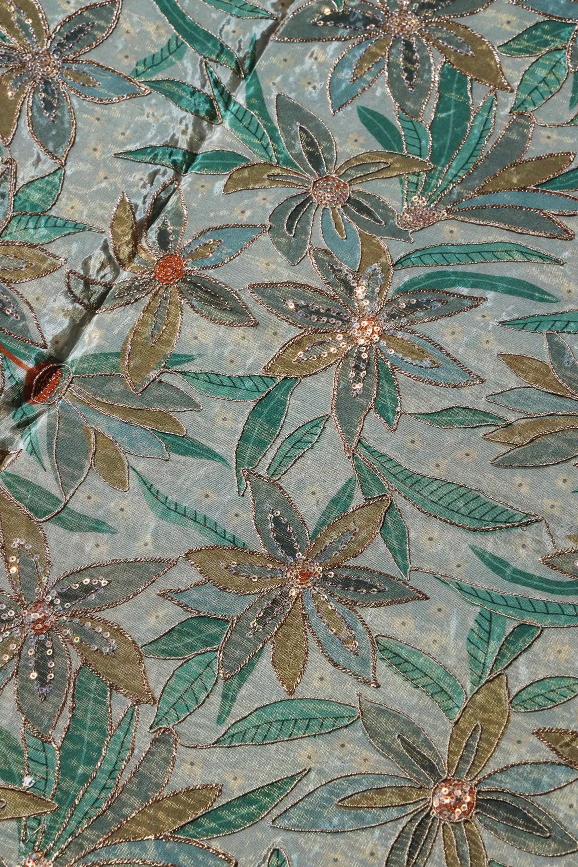 Floral Position Print On Sequins With Zari Embroidery Light Grey Viscose Zari Tissue Fabric