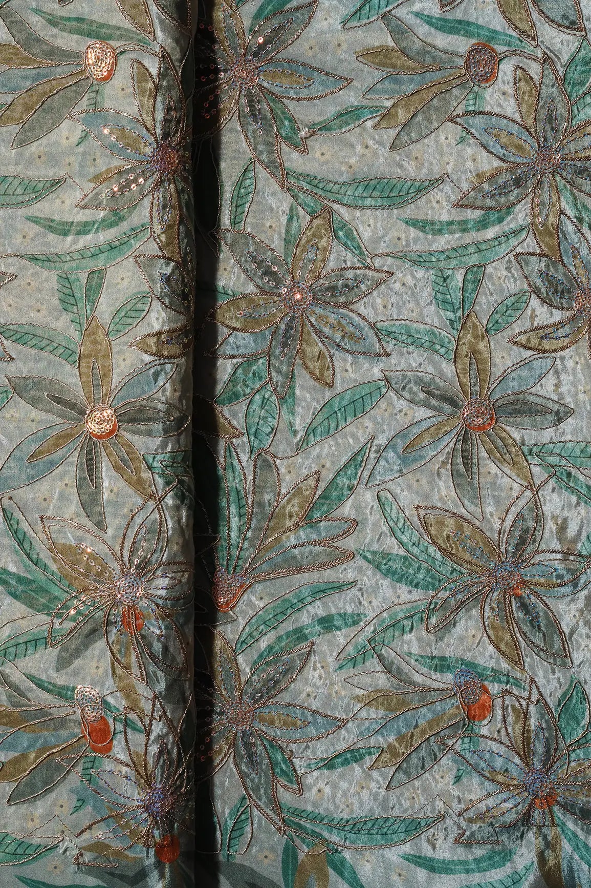 Floral Position Print On Sequins With Zari Embroidery Light Grey Viscose Zari Tissue Fabric
