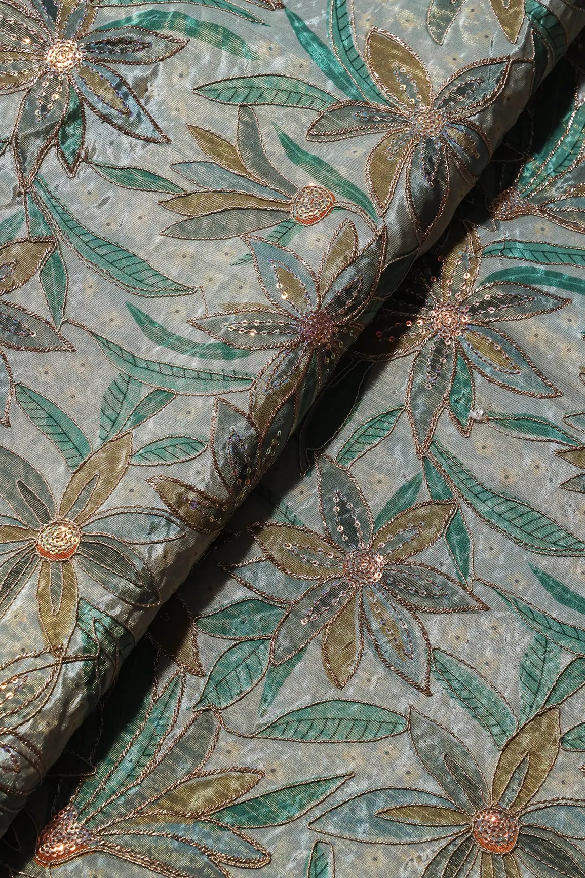 Floral Position Print On Sequins With Zari Embroidery Light Grey Viscose Zari Tissue Fabric