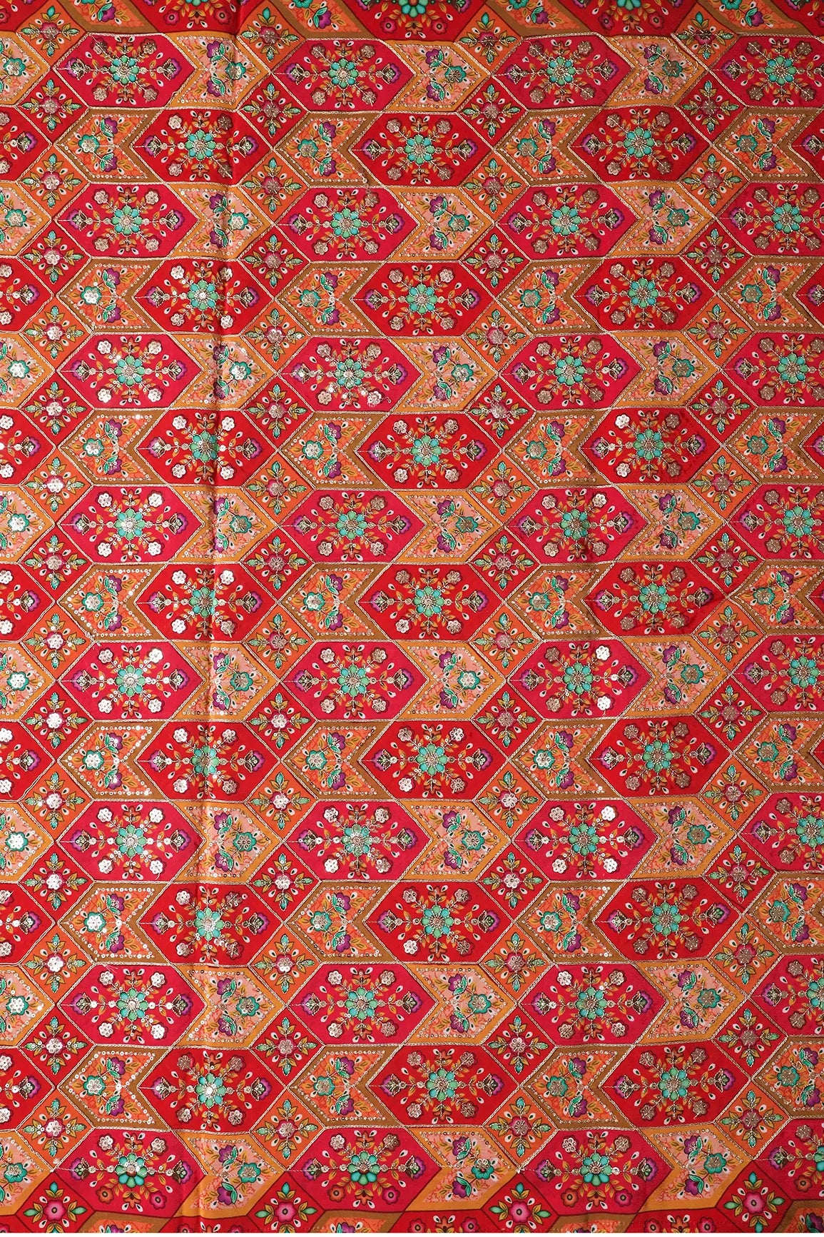 Red And Orange Traditional Positional Print With Gold Zari And Sequins Embroidery On Crepe Fabric