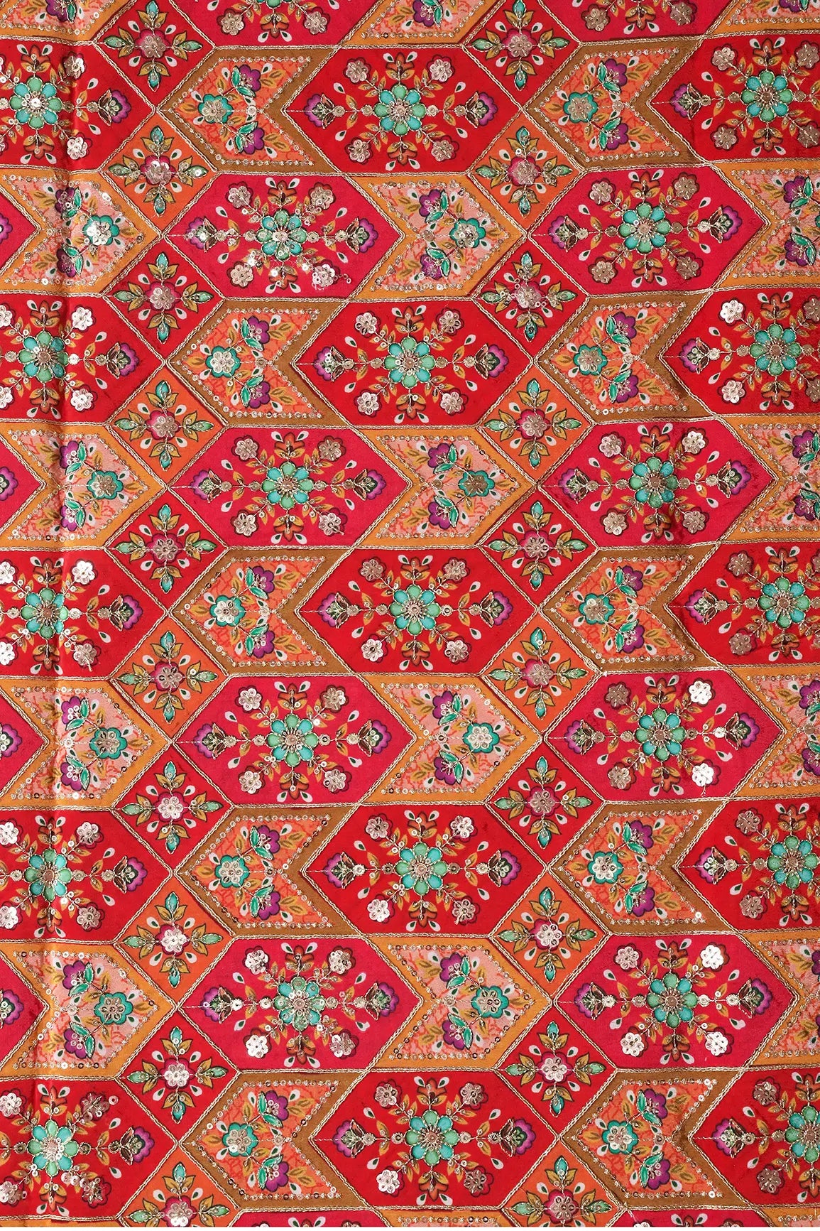 Red And Orange Traditional Positional Print With Gold Zari And Sequins Embroidery On Crepe Fabric