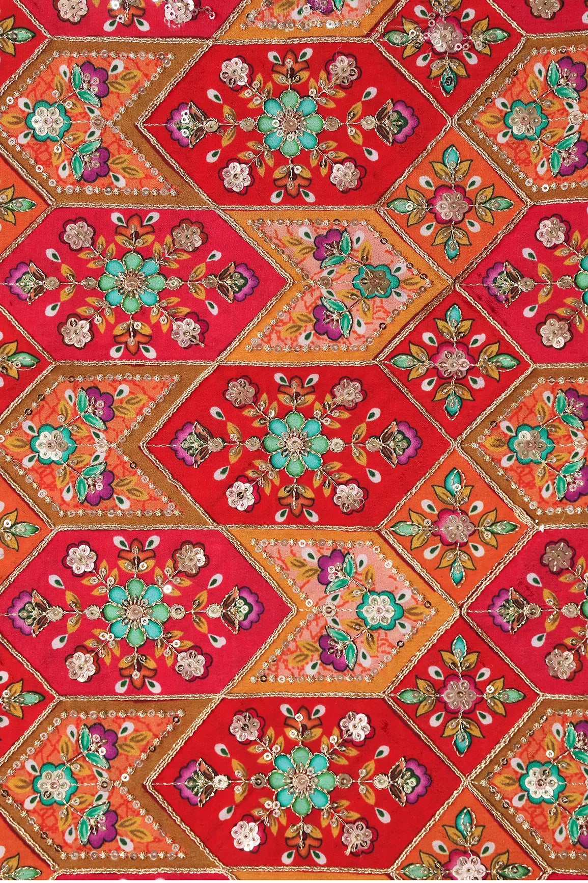 Red And Orange Traditional Positional Print With Gold Zari And Sequins Embroidery On Crepe Fabric