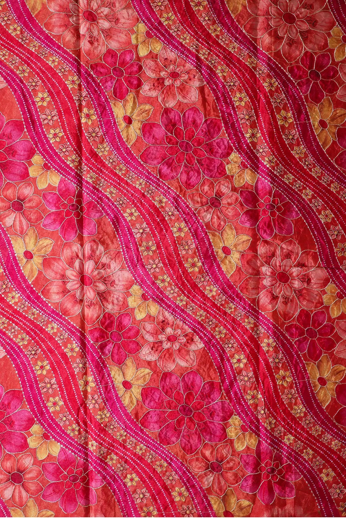 Sequins With Gold Zari Floral Embroidery On Red And Fuchsia Chinnon Chiffon Fabric