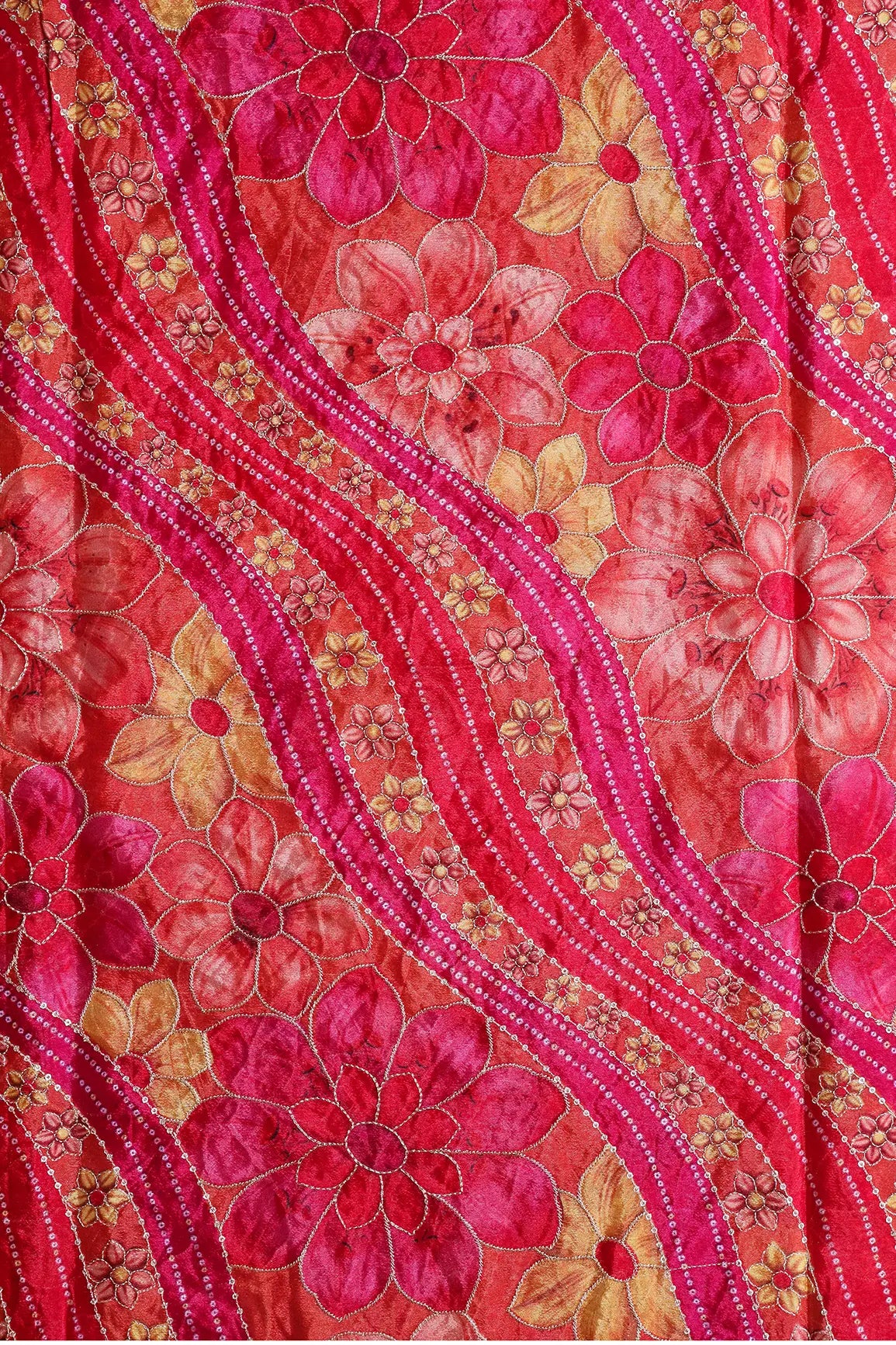 Sequins With Gold Zari Floral Embroidery On Red And Fuchsia Chinnon Chiffon Fabric