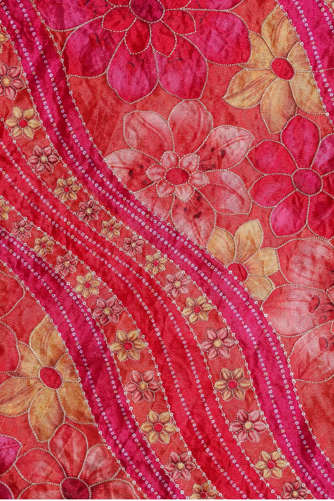 Sequins With Gold Zari Floral Embroidery On Red And Fuchsia Chinnon Chiffon Fabric