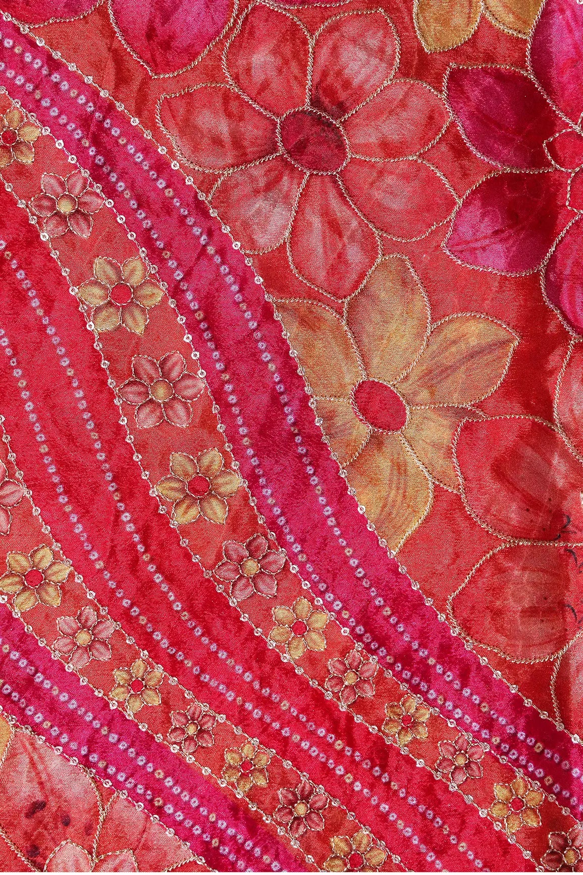 Sequins With Gold Zari Floral Embroidery On Red And Fuchsia Chinnon Chiffon Fabric