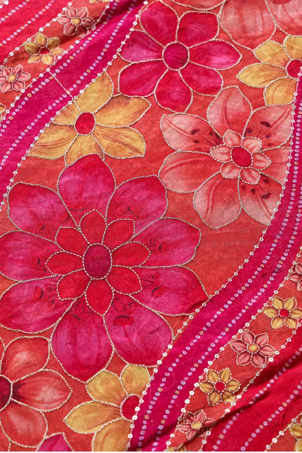 Sequins With Gold Zari Floral Embroidery On Red And Fuchsia Chinnon Chiffon Fabric