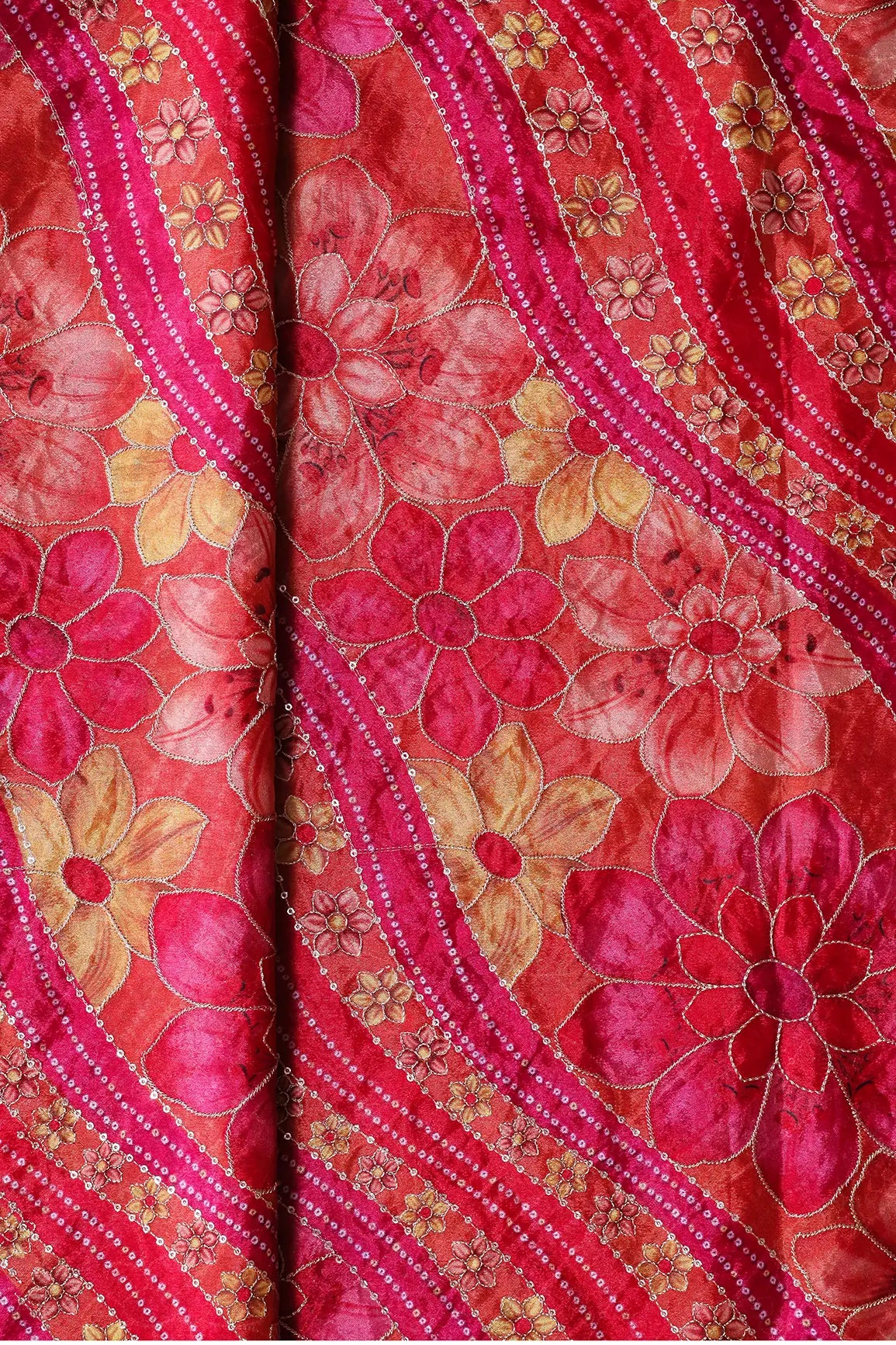 Sequins With Gold Zari Floral Embroidery On Red And Fuchsia Chinnon Chiffon Fabric