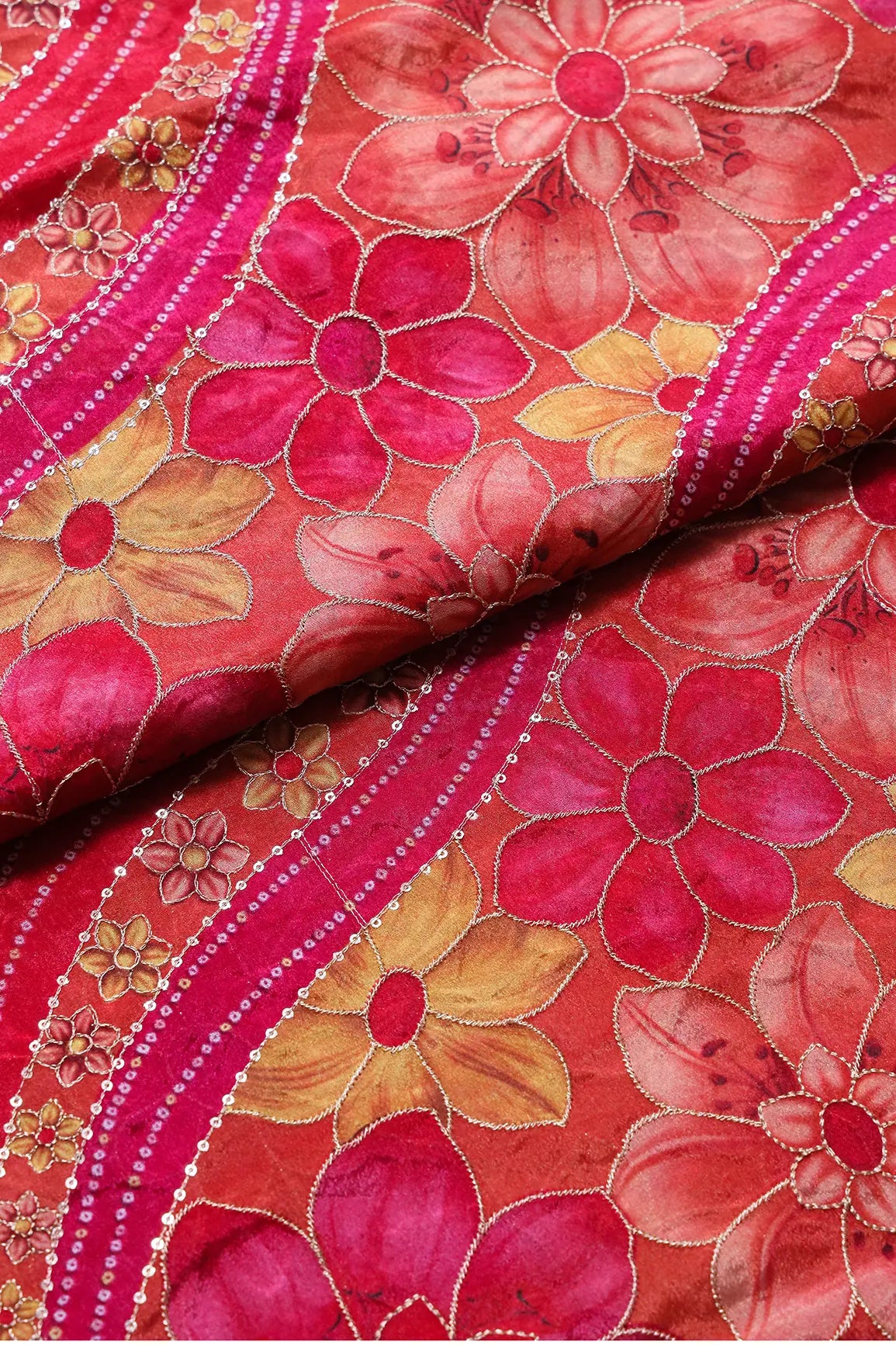 Sequins With Gold Zari Floral Embroidery On Red And Fuchsia Chinnon Chiffon Fabric