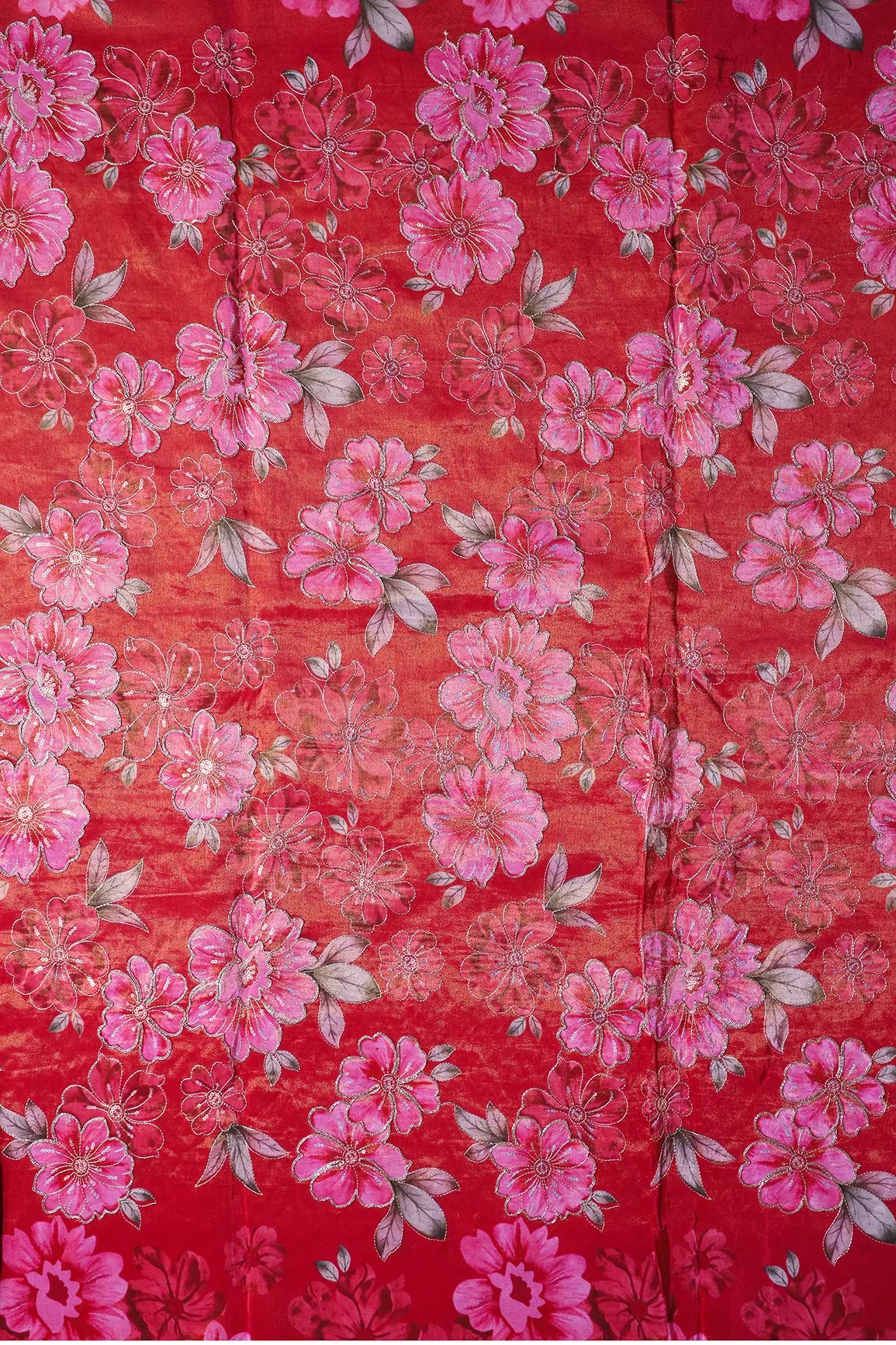 Floral Position Print On Sequins With Zari Embroidery Red Viscose Zari Tissue Fabric