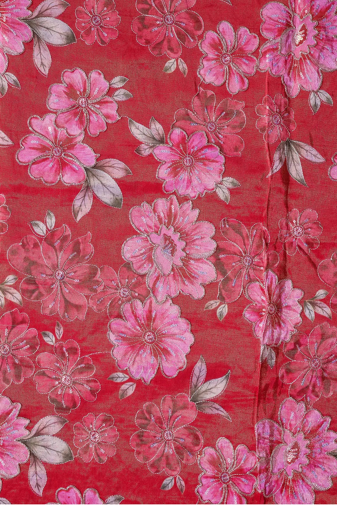 Floral Position Print On Sequins With Zari Embroidery Red Viscose Zari Tissue Fabric