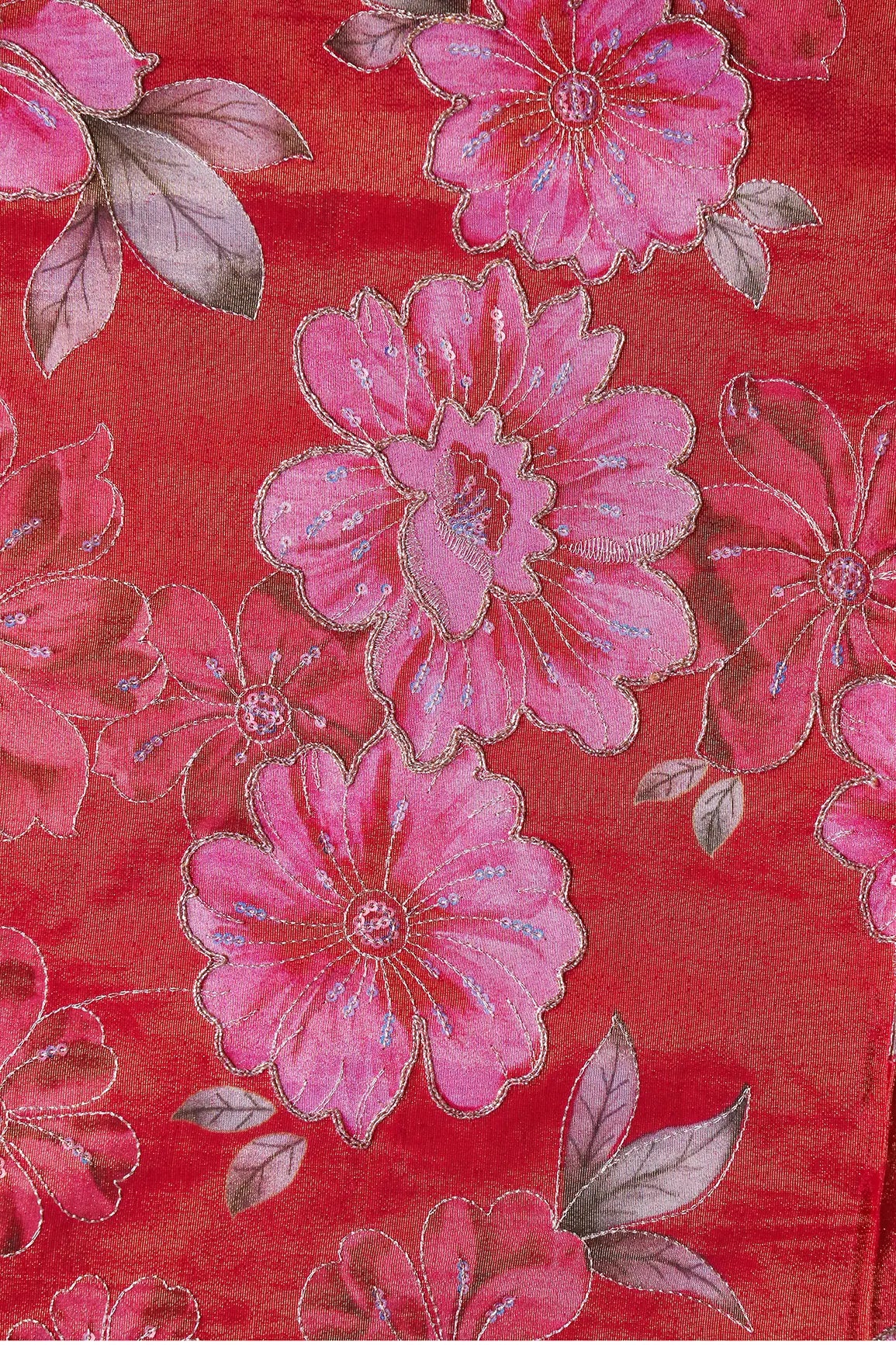 Floral Position Print On Sequins With Zari Embroidery Red Viscose Zari Tissue Fabric