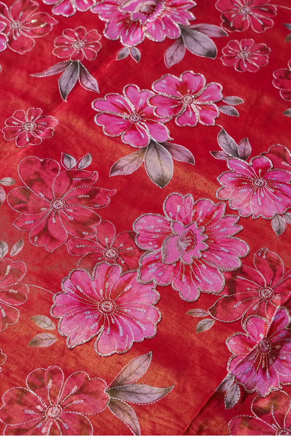 Floral Position Print On Sequins With Zari Embroidery Red Viscose Zari Tissue Fabric