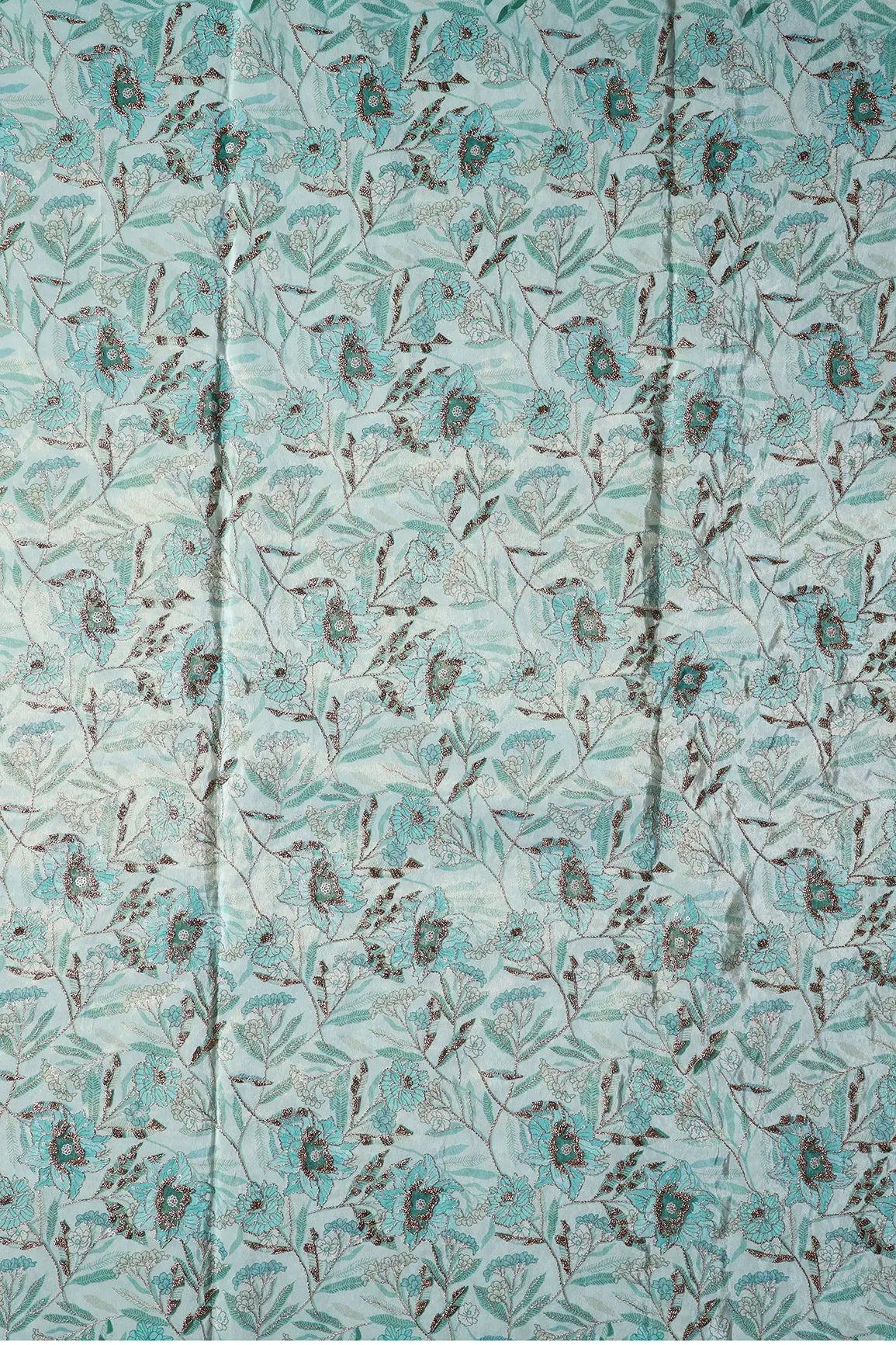 Floral Position Print On Gold Zari With Sequins Embroidery Teal Viscose Zari Tissue Fabric