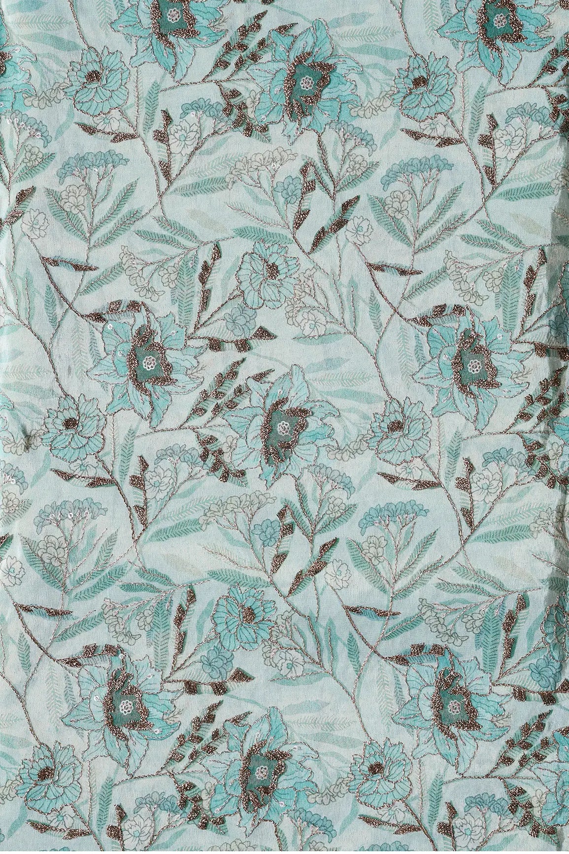 Floral Position Print On Gold Zari With Sequins Embroidery Teal Viscose Zari Tissue Fabric