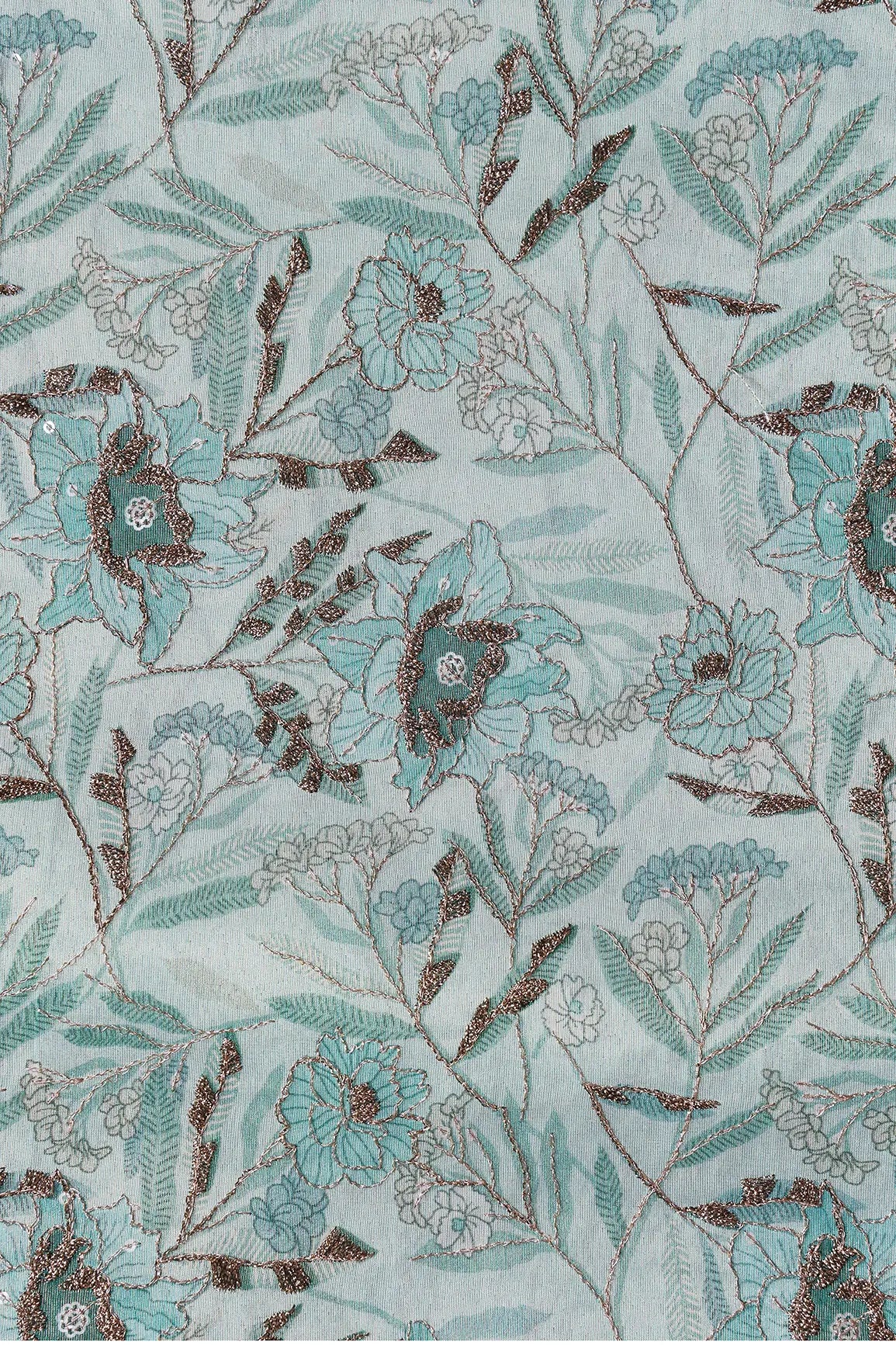 Floral Position Print On Gold Zari With Sequins Embroidery Teal Viscose Zari Tissue Fabric