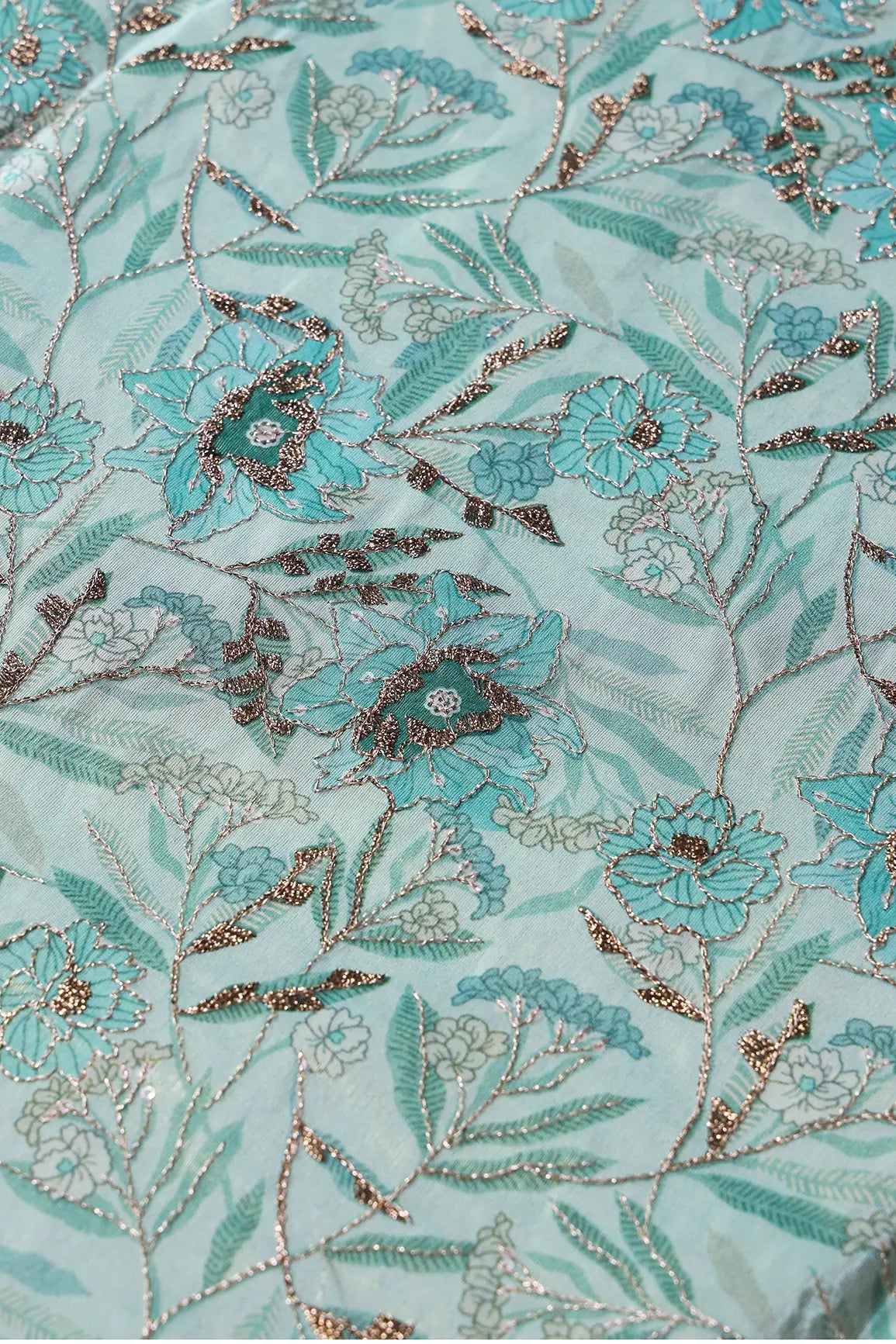Floral Position Print On Gold Zari With Sequins Embroidery Teal Viscose Zari Tissue Fabric