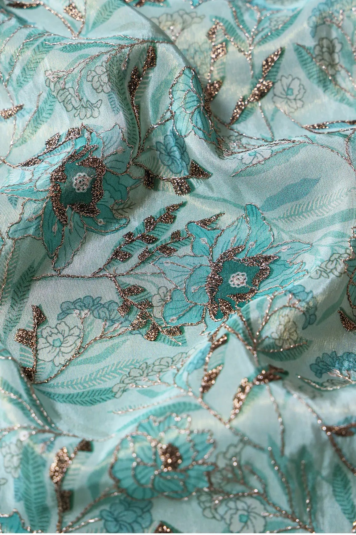 Floral Position Print On Gold Zari With Sequins Embroidery Teal Viscose Zari Tissue Fabric