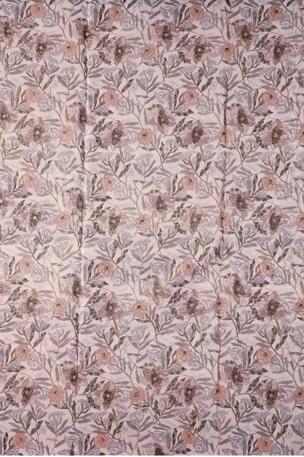 Floral Position Print On Gold Zari With Sequins Embroidery Light Brown Viscose Zari Tissue Fabric
