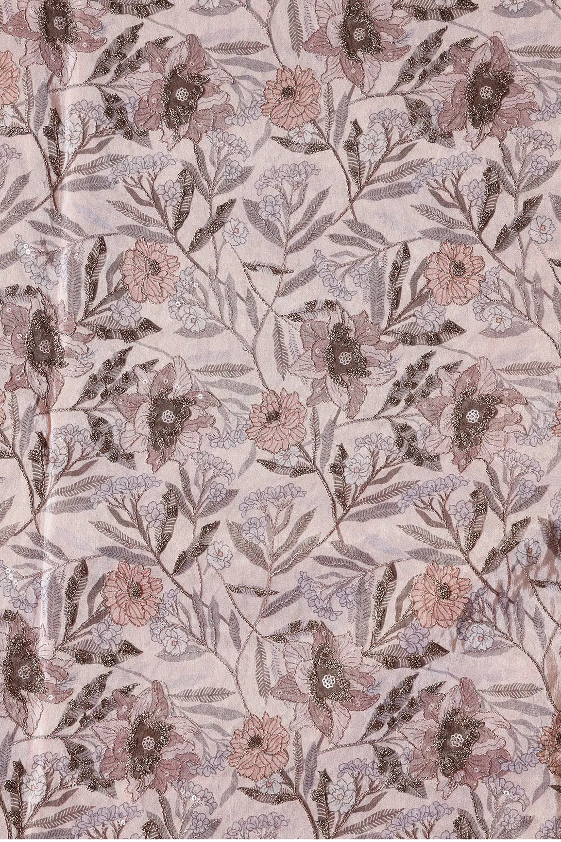 Floral Position Print On Gold Zari With Sequins Embroidery Light Brown Viscose Zari Tissue Fabric