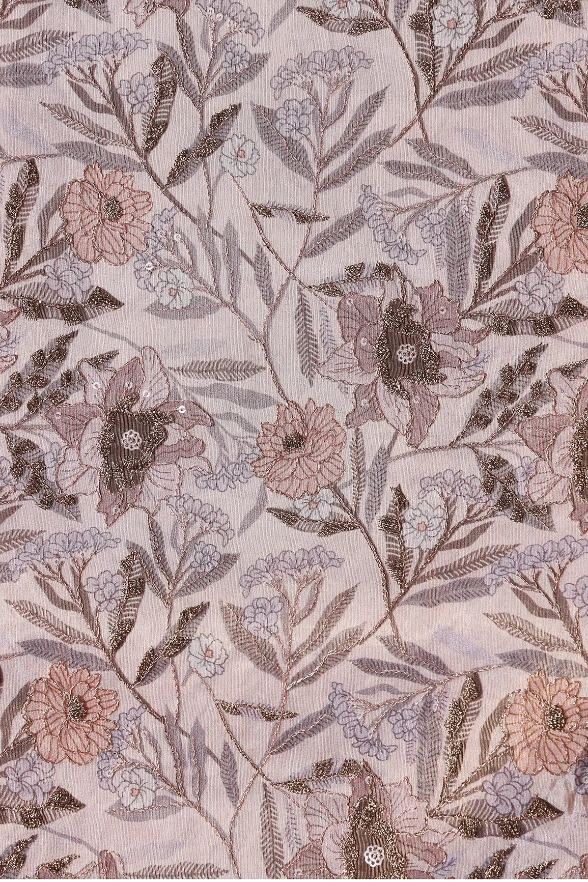 Floral Position Print On Gold Zari With Sequins Embroidery Light Brown Viscose Zari Tissue Fabric