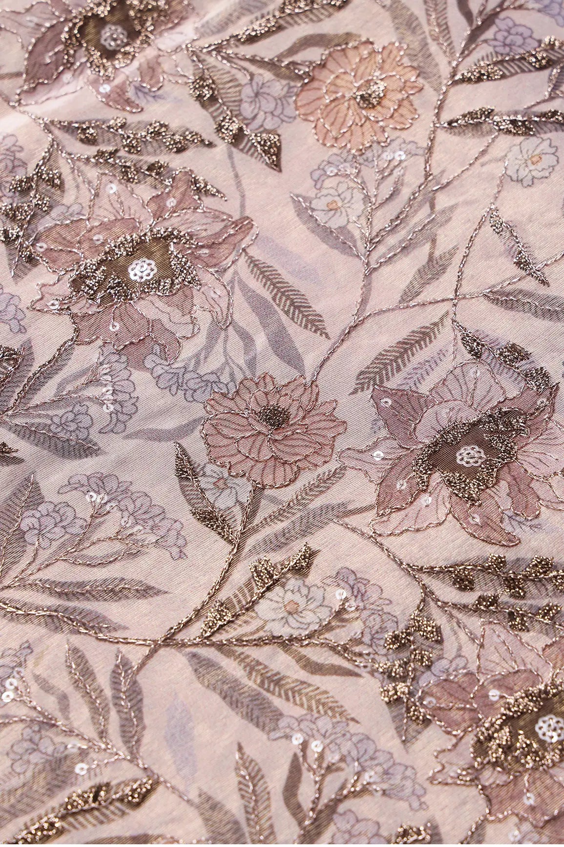 Floral Position Print On Gold Zari With Sequins Embroidery Light Brown Viscose Zari Tissue Fabric
