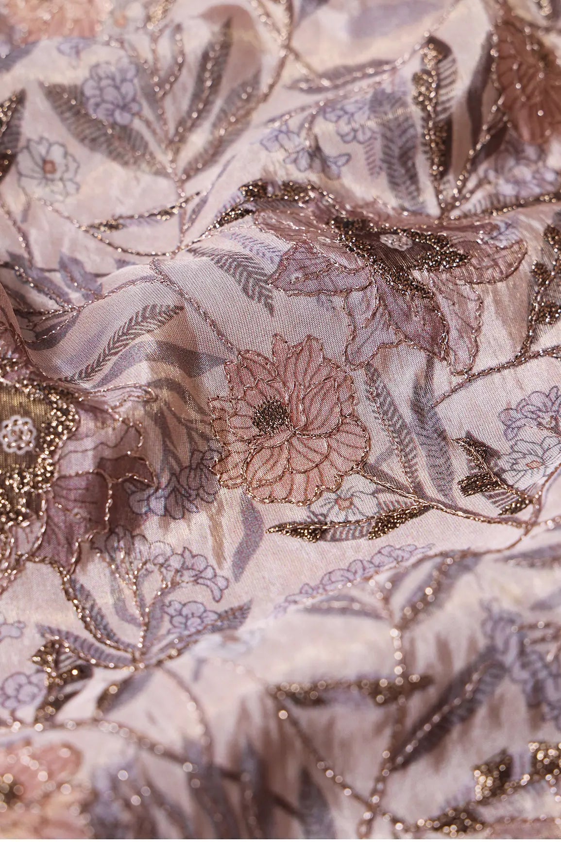 Floral Position Print On Gold Zari With Sequins Embroidery Light Brown Viscose Zari Tissue Fabric