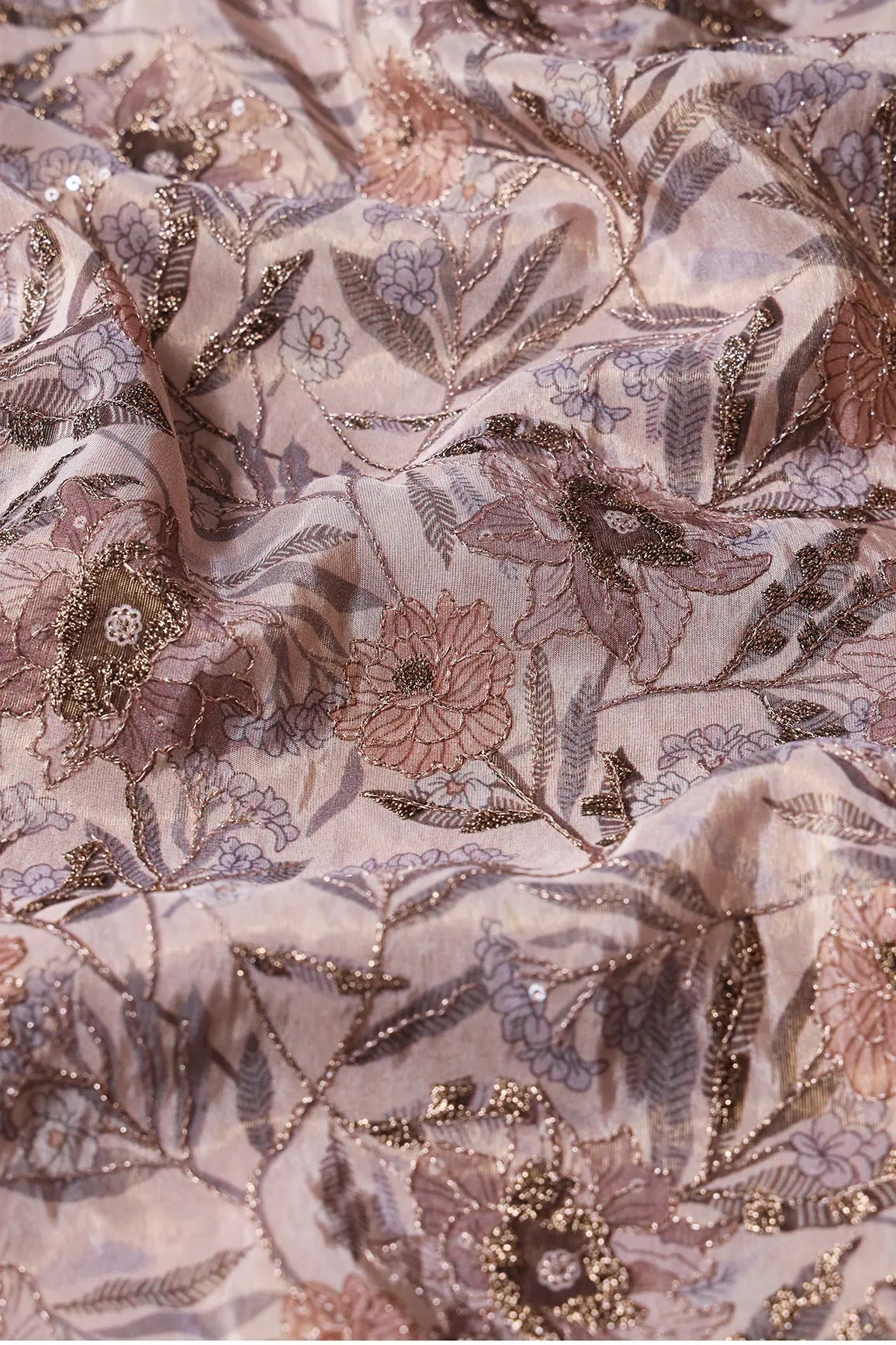 Floral Position Print On Gold Zari With Sequins Embroidery Light Brown Viscose Zari Tissue Fabric