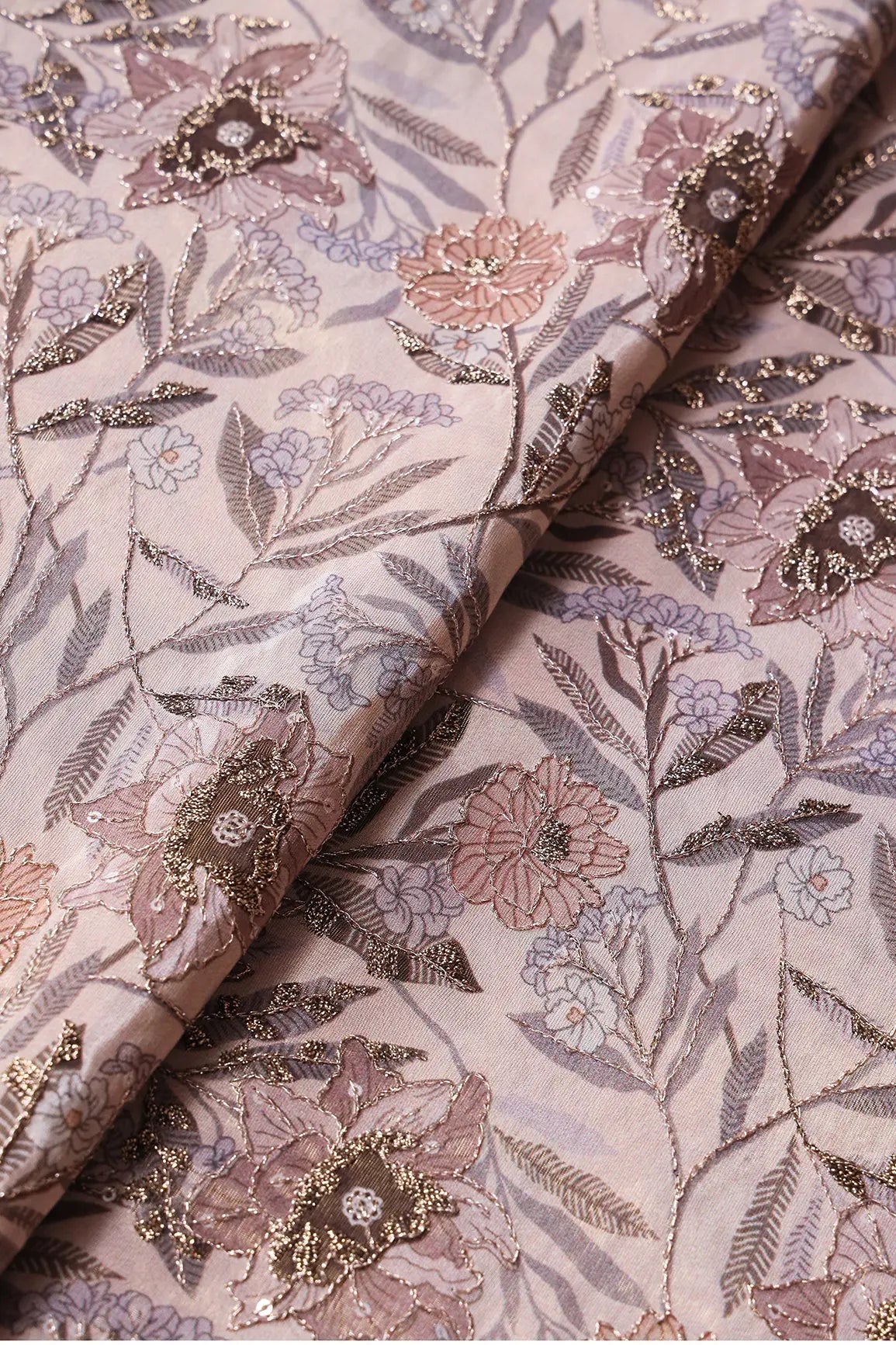 Floral Position Print On Gold Zari With Sequins Embroidery Light Brown Viscose Zari Tissue Fabric