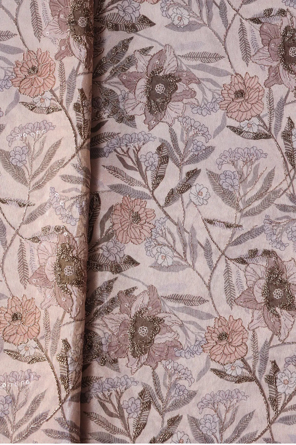 Floral Position Print On Gold Zari With Sequins Embroidery Light Brown Viscose Zari Tissue Fabric